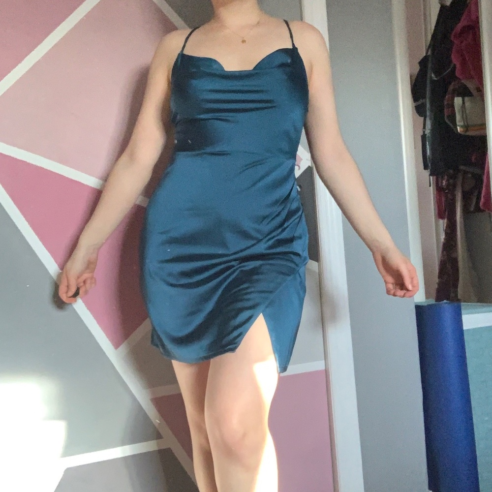 BNWT blue satin cowl neck dress